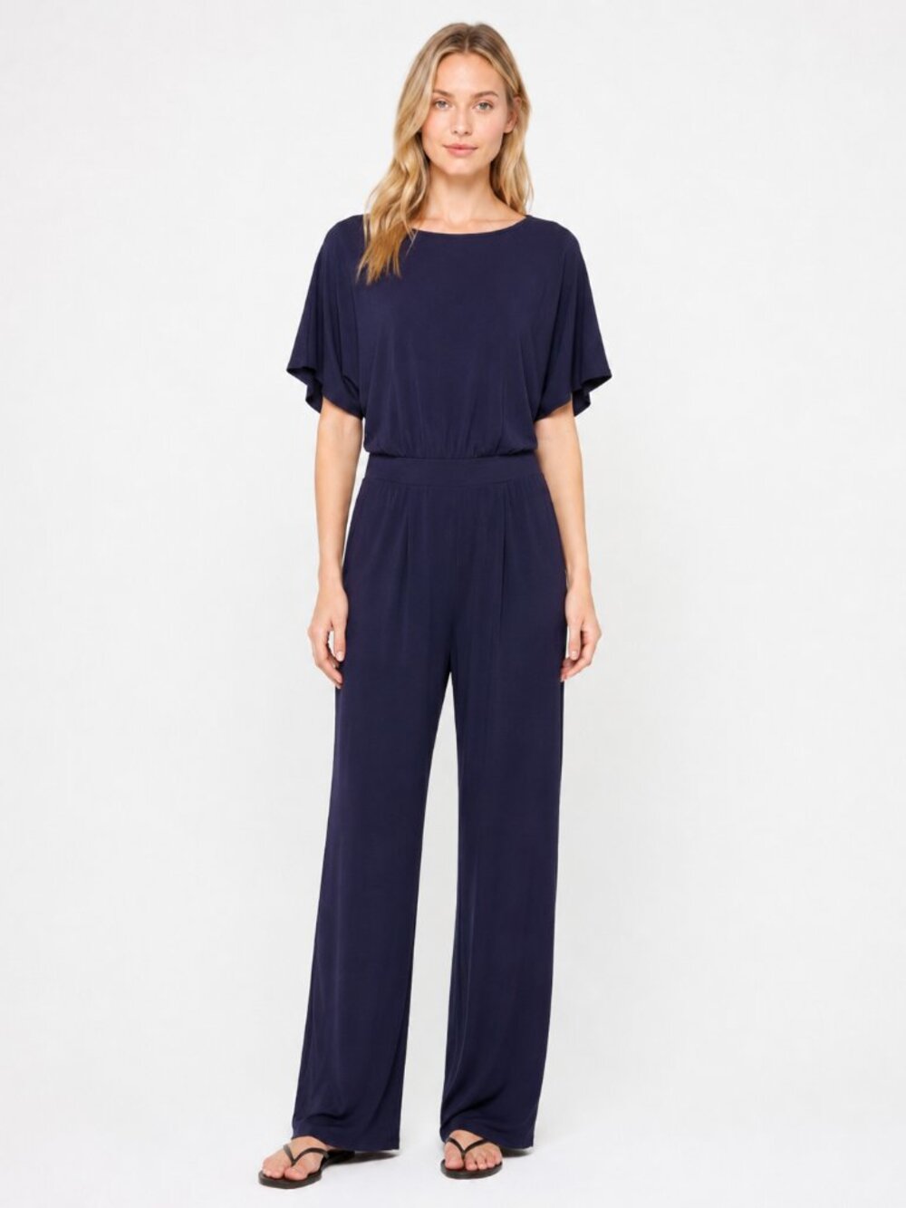 Navy Blue Dolman Sleeve Wide Leg Jumpsuit Stretch Waist Size S
